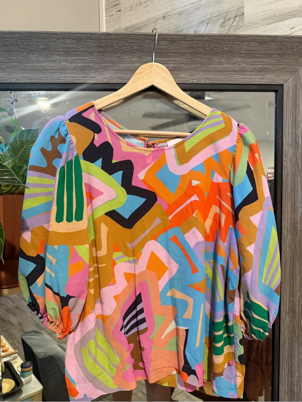 Colorful Abstract Pattern Puff Sleeve Top - Multicolor